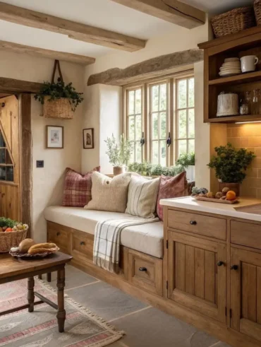 Casa no estilo farmhouse com banco e almofadas em frente à janela, ao lado da pia, armários de madeira e louças expostas
