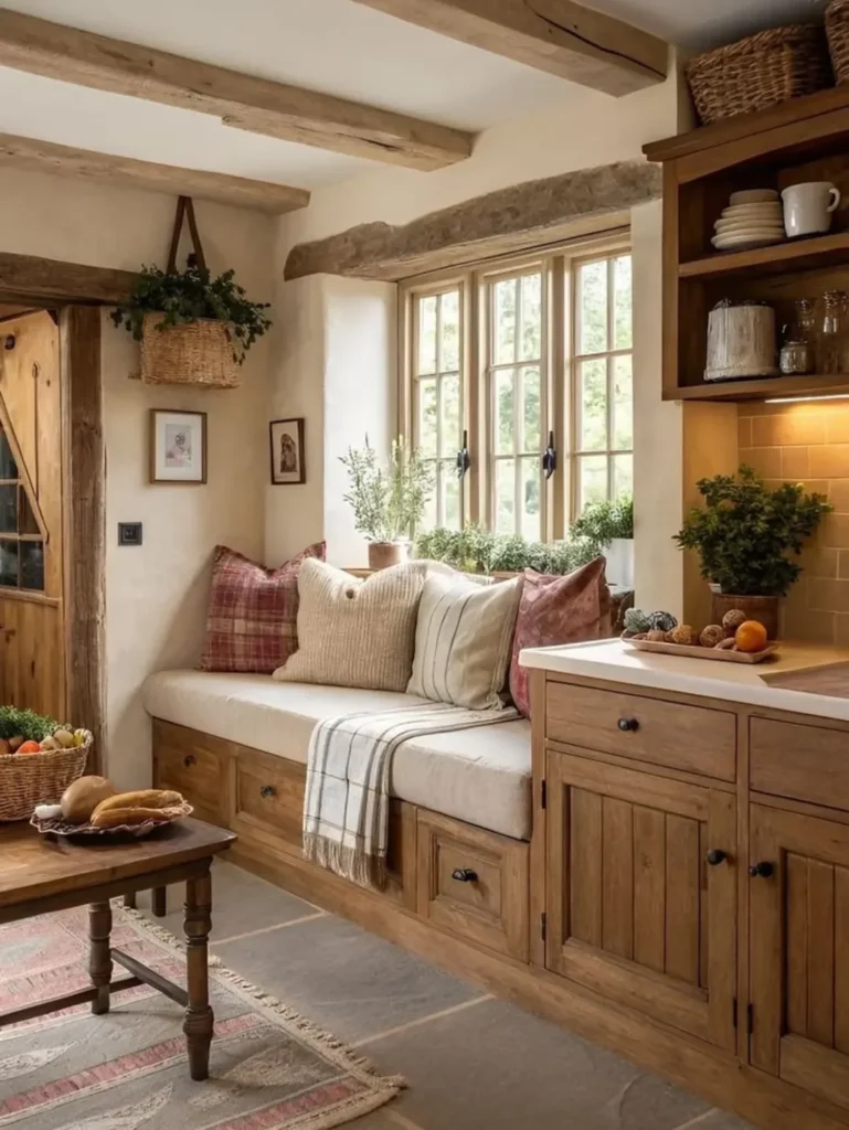 Casa no estilo farmhouse com banco e almofadas em frente à janela, ao lado da pia, armários de madeira e louças expostas