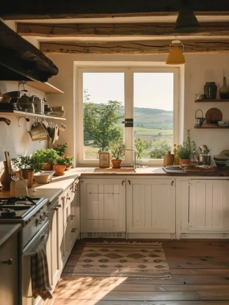 Cozinha farmhouse com armários brancos, prateleiras com louças expostas e madeira aparente