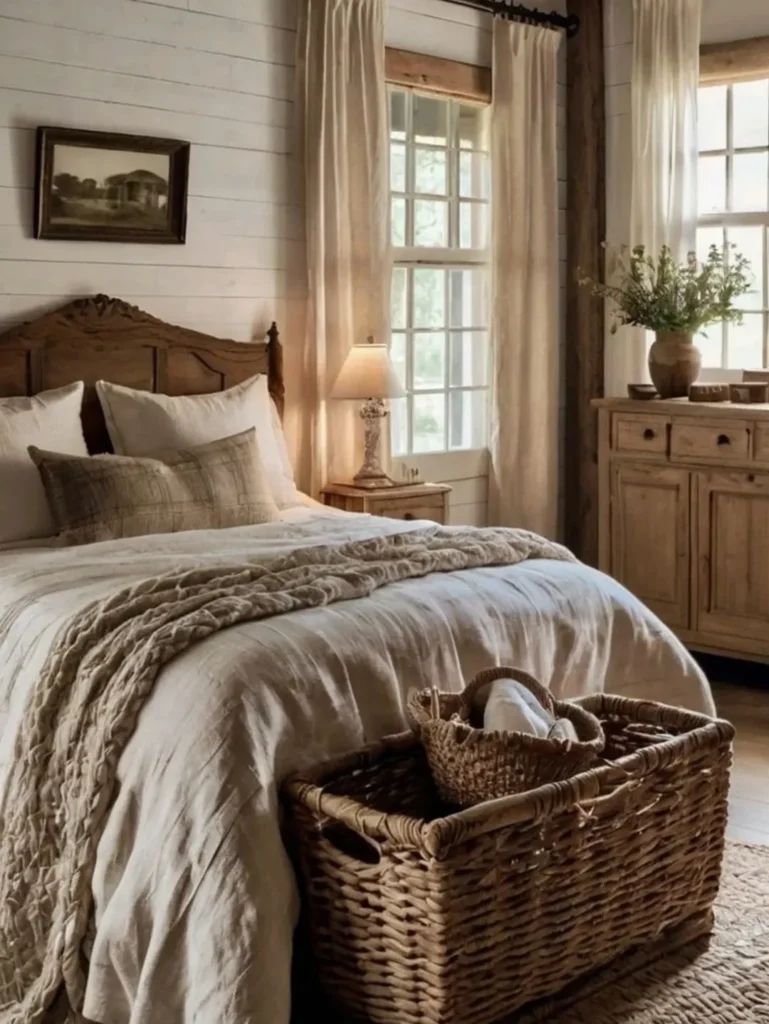 Quarto farmhouse, parede brancas, cama e balcão de madeira e cestos de vime aos pés da cama