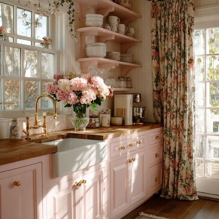 Cozinha no estilo farmhouse rosa, com puxadores e torneira dourada