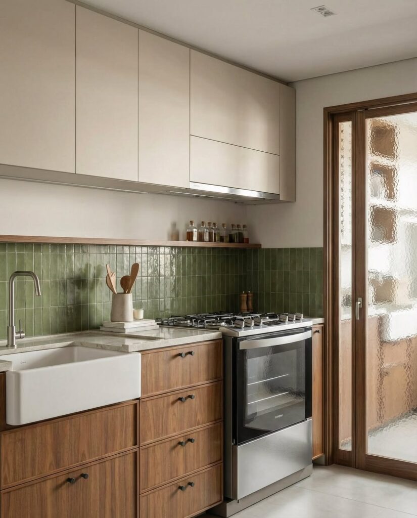 Cozinha verde com móvel, prateleiras e cuba farm sink