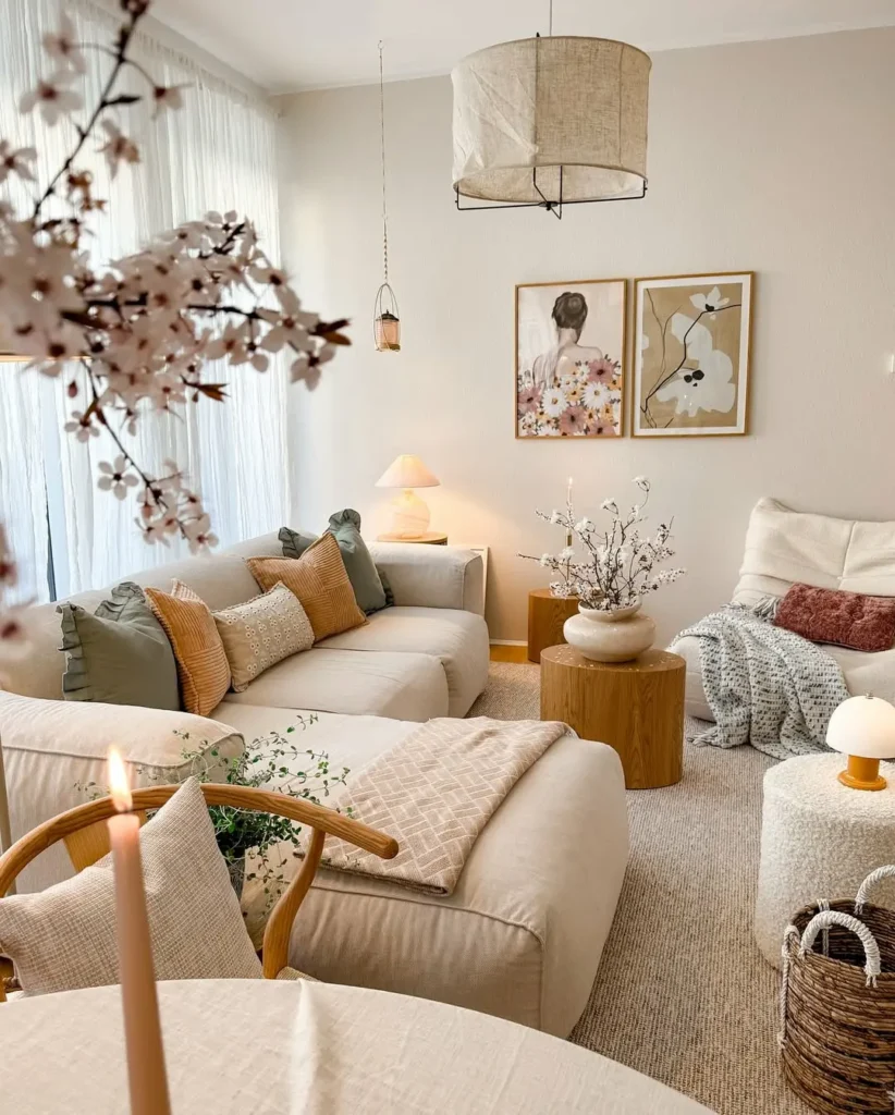 Sala de estar com paredes e sofás claros com mantas e almofadas, mesa de centro redonda e quadros na parede
