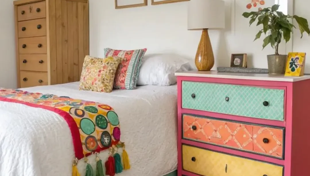 Quarto branco com cômoda rosa e gavetas coloridas