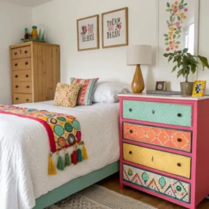Quarto branco com cômoda rosa e gavetas coloridas