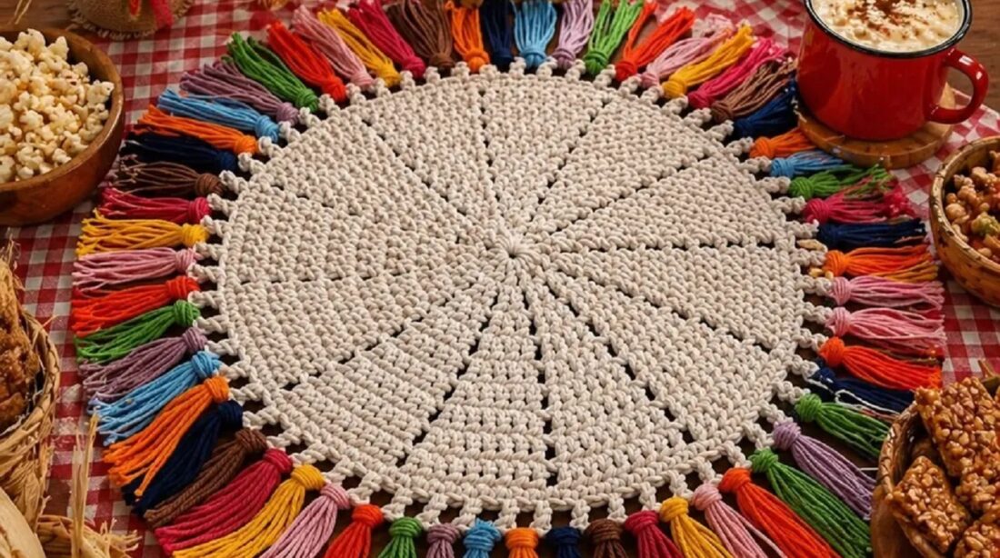 Mesa decorada para São João, com cores, bandeirinhas, tecido xadrez e sousplat de crochê com franjas coloridas