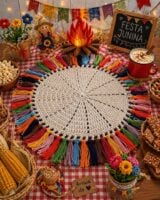 Mesa decorada para São João, com cores, bandeirinhas, tecido xadrez e sousplat de crochê com franjas coloridas