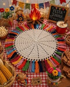 Mesa decorada para São João, com cores, bandeirinhas, tecido xadrez e sousplat de crochê com franjas coloridas