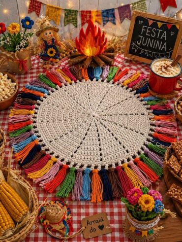 Mesa decorada para São João, com cores, bandeirinhas, tecido xadrez e sousplat de crochê com franjas coloridas