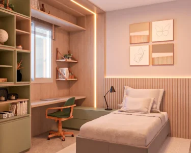 Quarto adolecente em tons rosados, estante verde, escrivaninha em frente à janela e cadeira verde