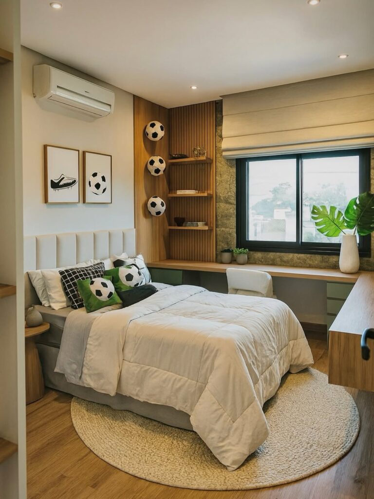 Quarto adolescente com escrivaninha grande em frente à janela, tapete redondo e decoração com bolas de futebol