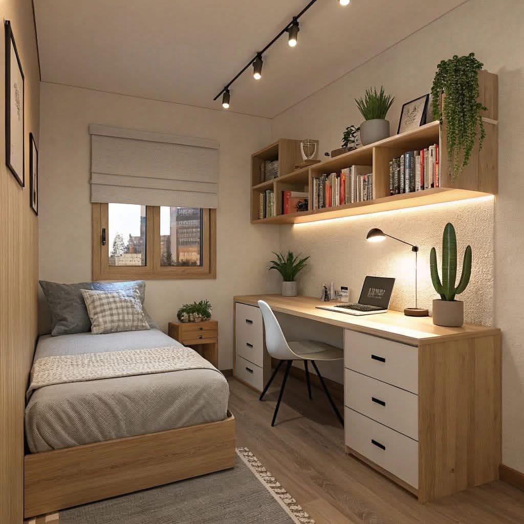 Quarto com ampla escrivaninha e gavetas em ambos os lados, luminária de mesa e prateleira com livros acima