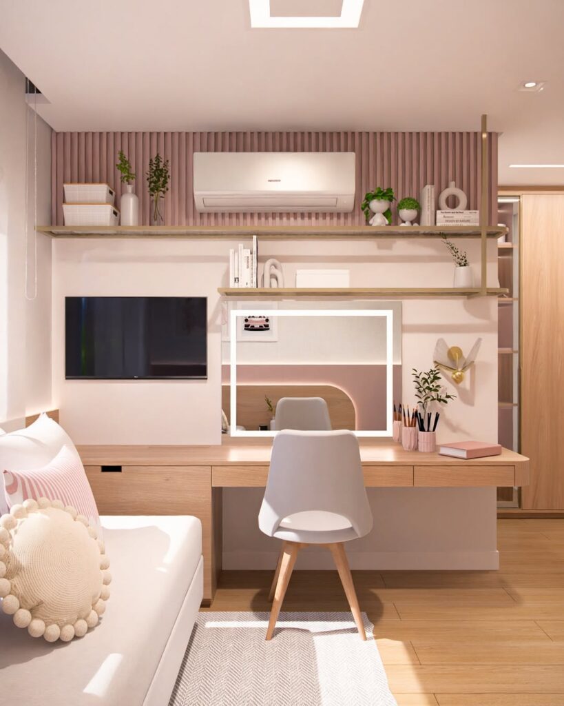 Quarto adolescente feminino com escrivaninha ampla de linhas retas e suspensa, com porta-lápis e espelho com LED