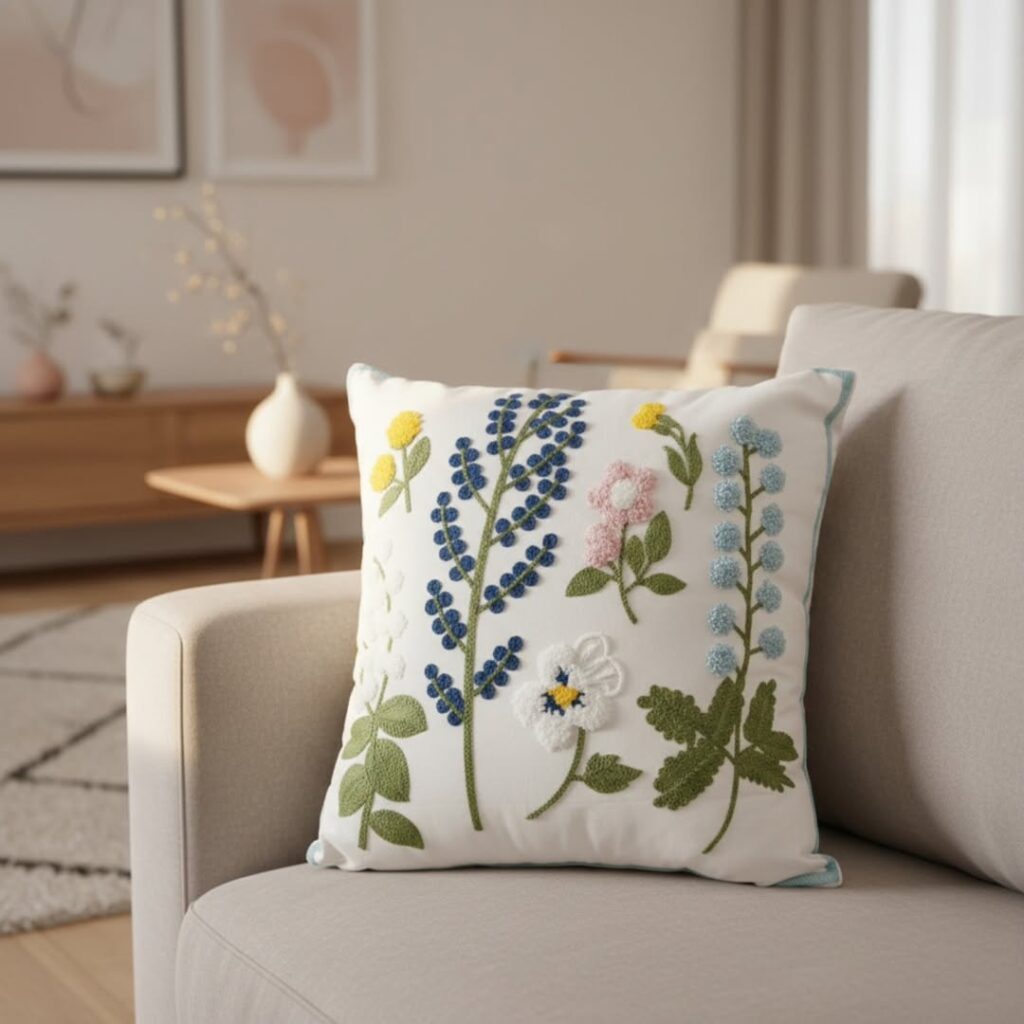 Sofá claro com almofada branca com bordados em flores
