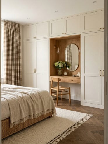 Quarto em cores neutras com guarda-roupa claro e penteadeira embutida em tons amadeirados