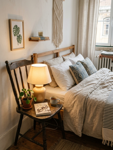 Quarto com cadeira aprovetada para mesa de cabeceira com abajur, livro e vaso com planta