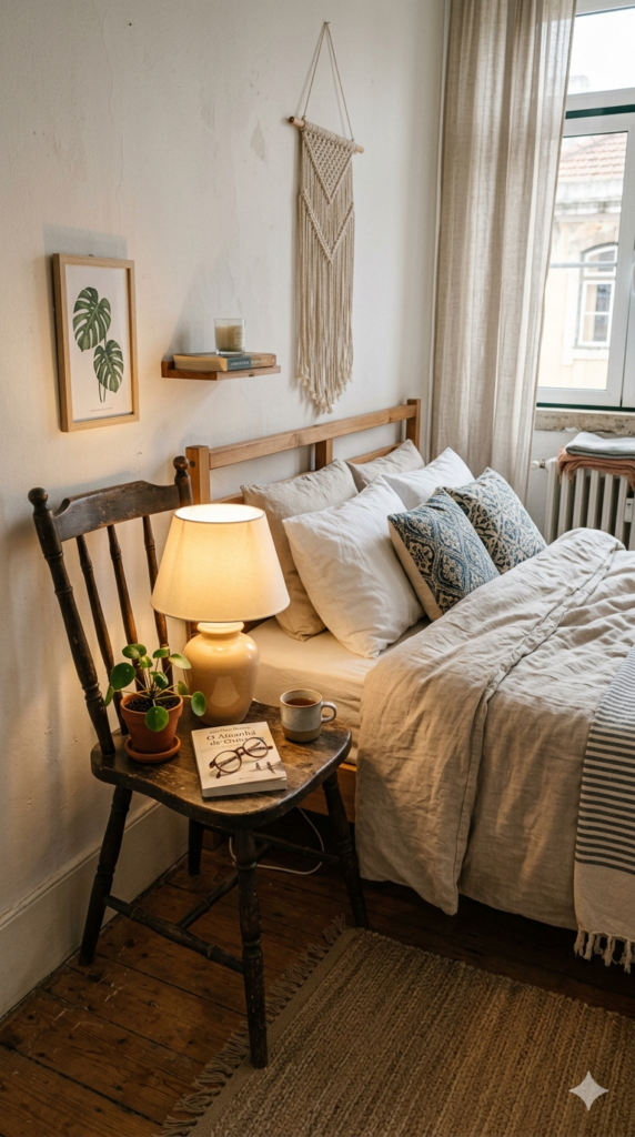 Quarto com cadeira aprovetada para mesa de cabeceira com abajur, livro e vaso com planta