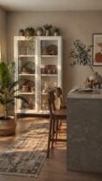 Ambiente com cristaleira branca e portas de vidro transparente com louças