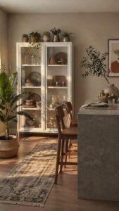 Ambiente com cristaleira branca e portas de vidro transparente com louças