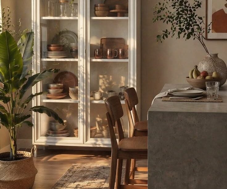 Ambiente com cristaleira branca e portas de vidro transparente com louças
