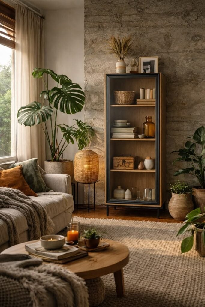 Sala de estar com cristaleira de linhas retas, livros e objetos decorativos, sofá com almofadas e manta e plantas pelo espaço