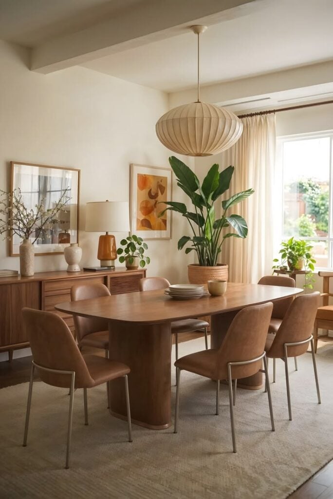 Sala de jantar com mesa ampla de madeira, oito cadeiras e pendente acima