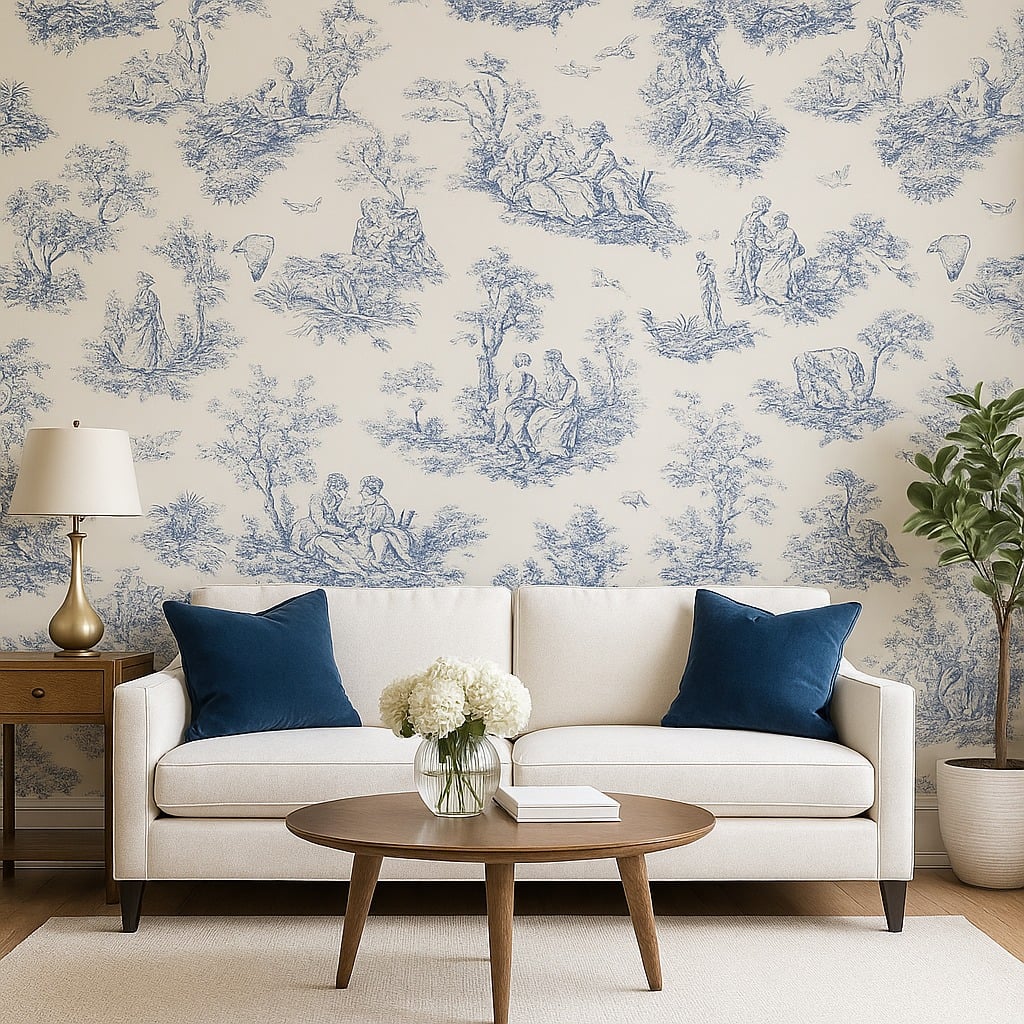 Sala com sofá brnaoc, almofadas azuis e papel de parede em branco e azul