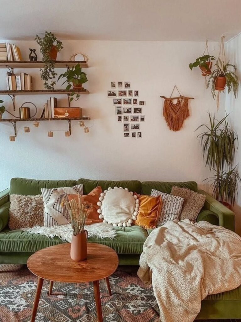 Parede atrás do sofá com prateleiras, livros e plantas