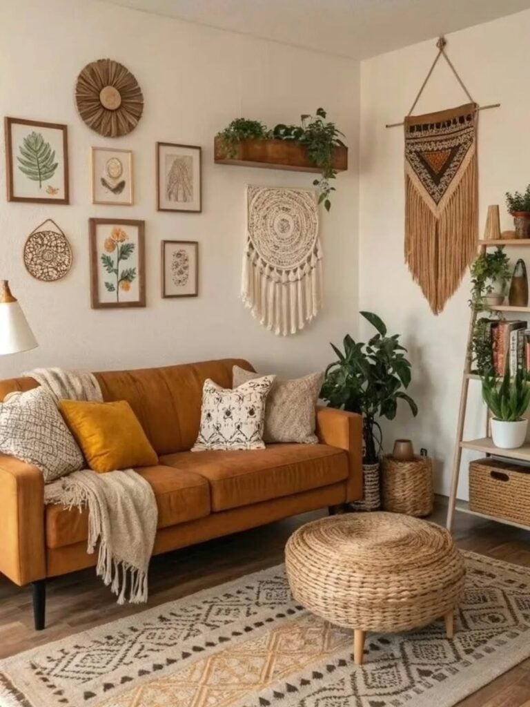 Sala com sofá caramelo e pés pretos, mesa de centro de fibras naturais e quadros na parede