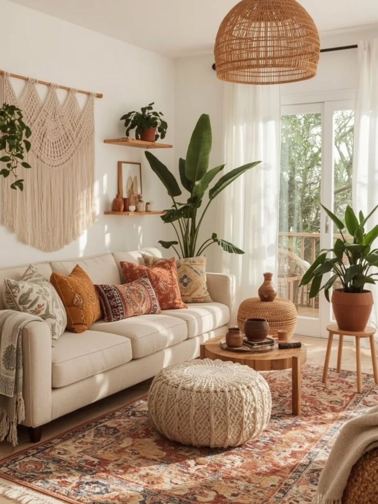 Sala no estilo boho com tapete e almofadas estampadas, pendente de fibras naturais e prateleiras na parede atrás do sofá