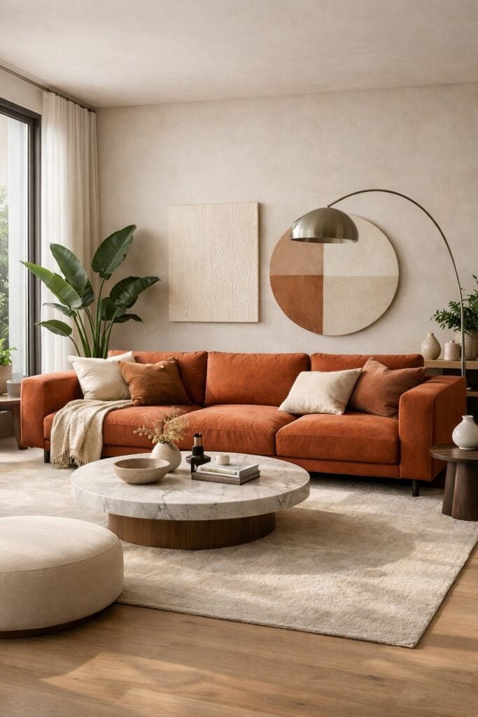 Sala ampla com sofá terracota, planta em um canto e quadros na parede atrás