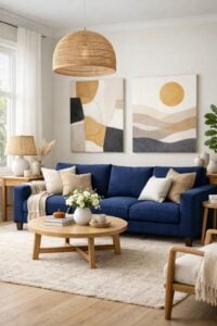 Sala com sofá azul, almofadas claras, mesa de centro redonda e quadros com pinturas neutras atrás
