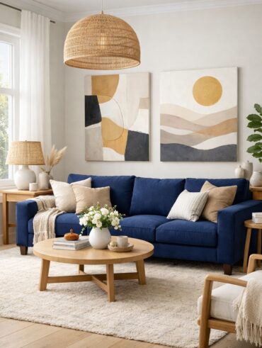 Sala com sofá azul, almofadas claras, mesa de centro redonda e quadros com pinturas neutras atrás