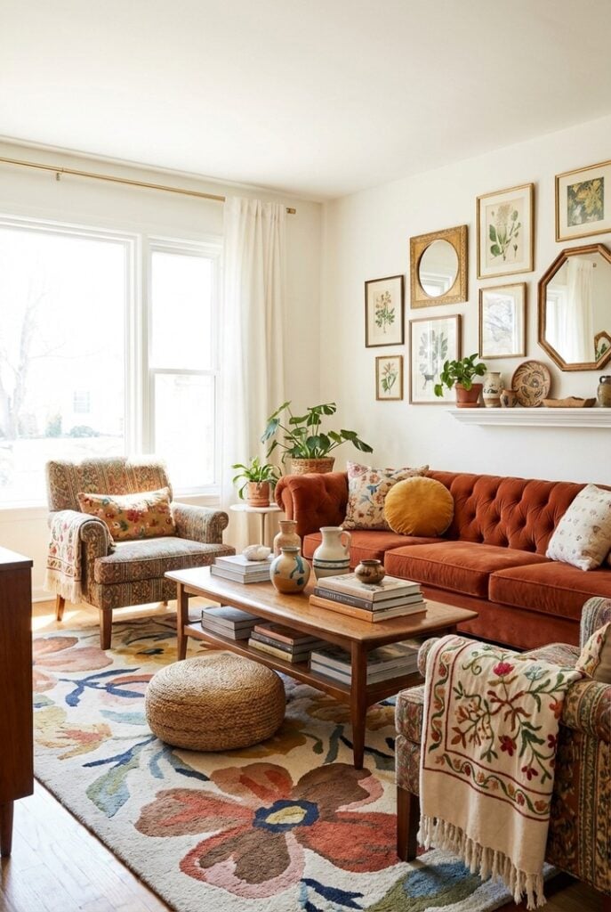 Sala com sofá de veludo capitonê, almofadas, tapete com flores e quadros na parede