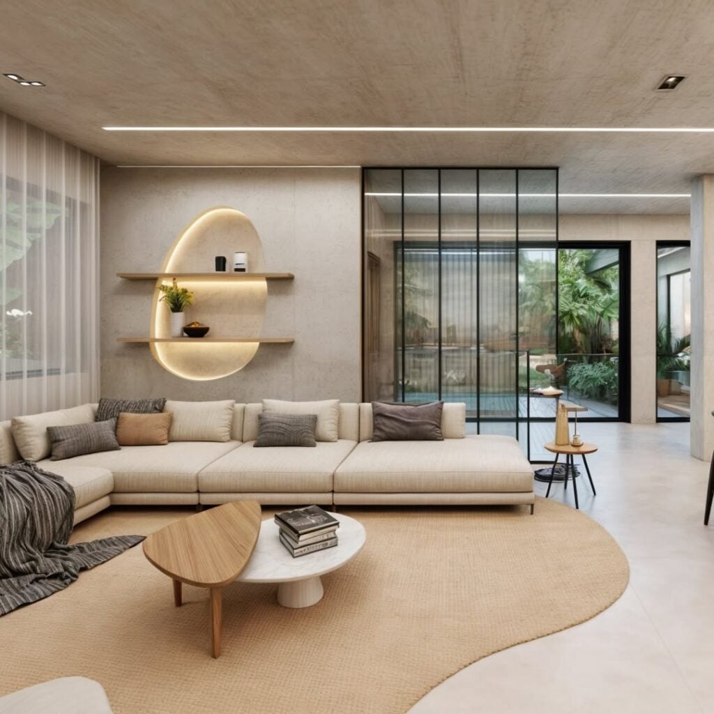 Sala de estar com sofá em L, grande tapete e nicho orgânico com prateleiras de madeira
