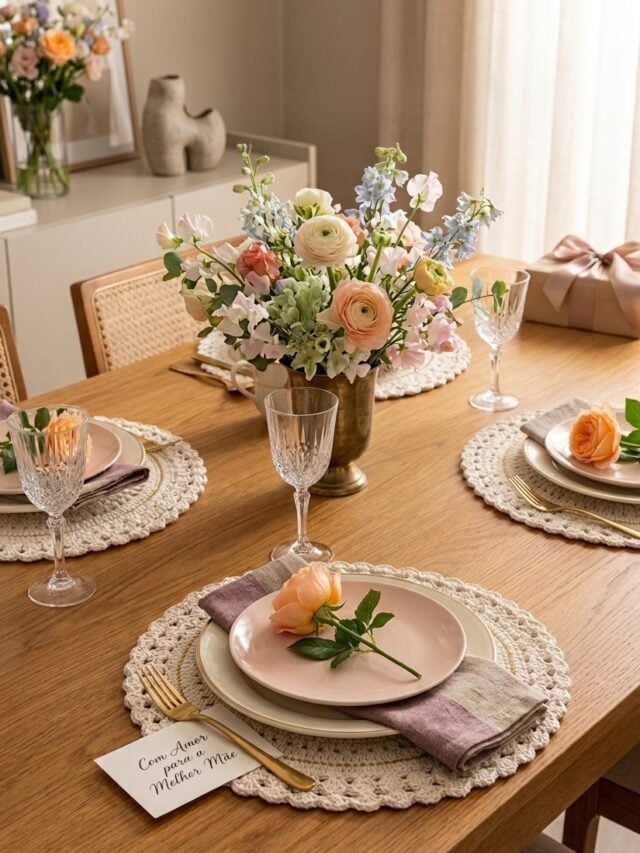 Mesa posta de Dia das Mães com flores, sousplats de crochê e cartãozinho