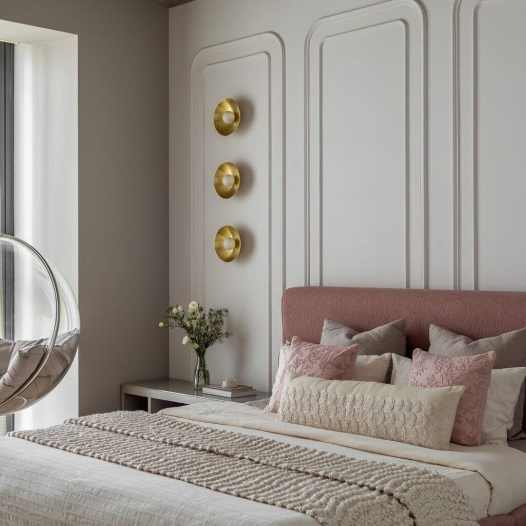 Quarto de casal com cabeceira rosa e várias almofadas na cama