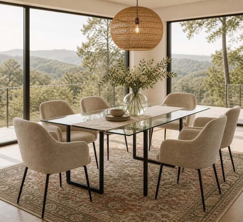 Sala de jantar com mesa retangular de vidro e poltronas bege