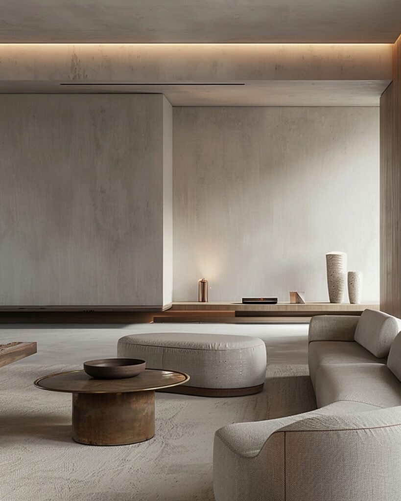 Sala de estar minimalista, com poucos móveis e acessórios