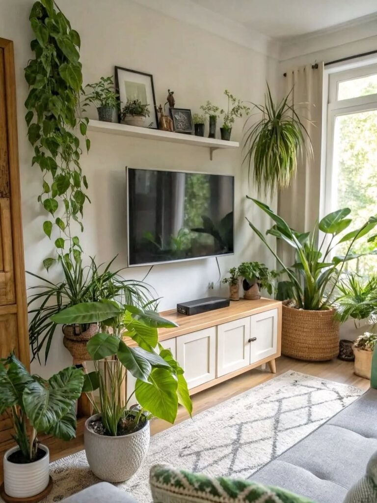 Sala de estar com plantas suspensas e em vasos grandes