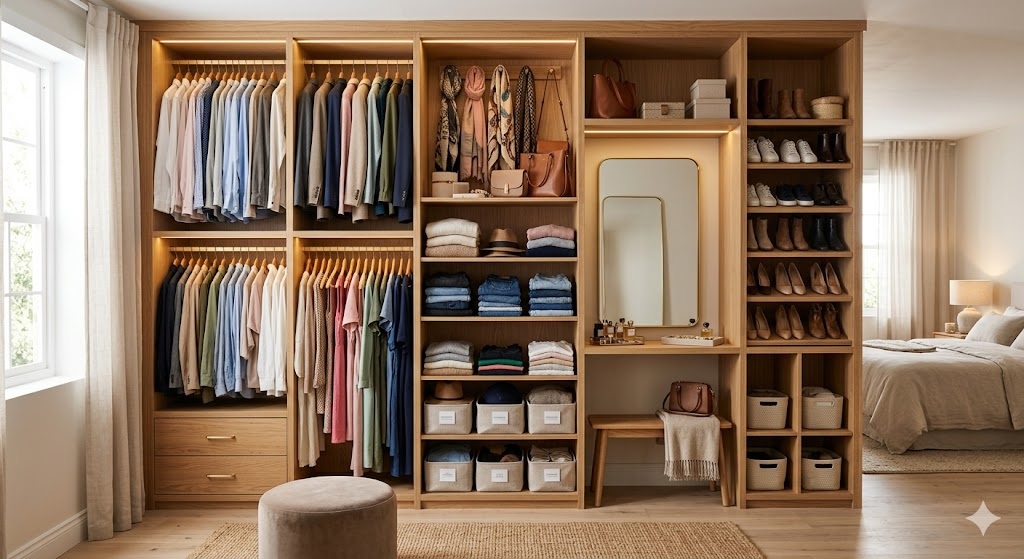 Closet de madeira aberta com araras, sapateira e penteadeira com espelho