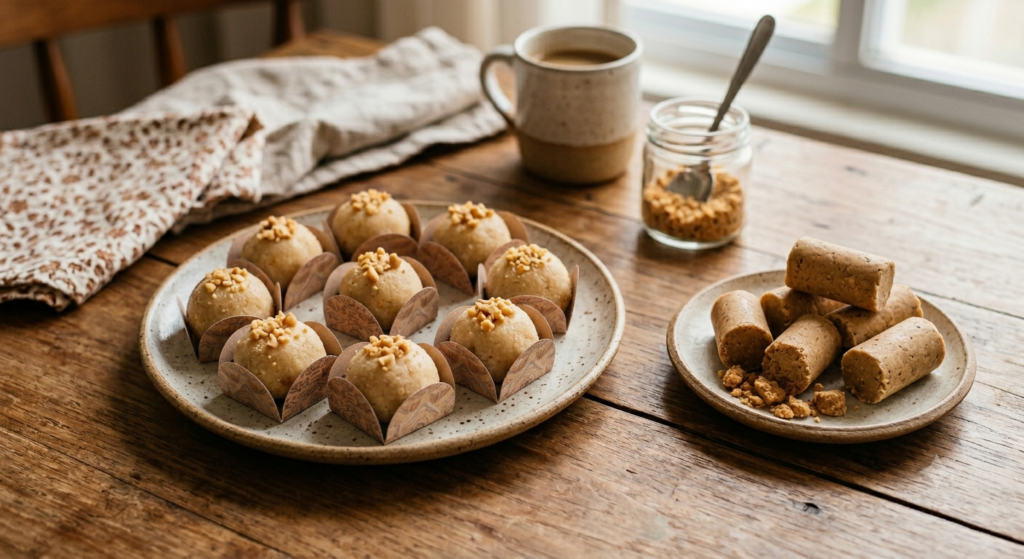 Mesa com brigadeiros em forminhas num prato e outro prato menor com paçocas