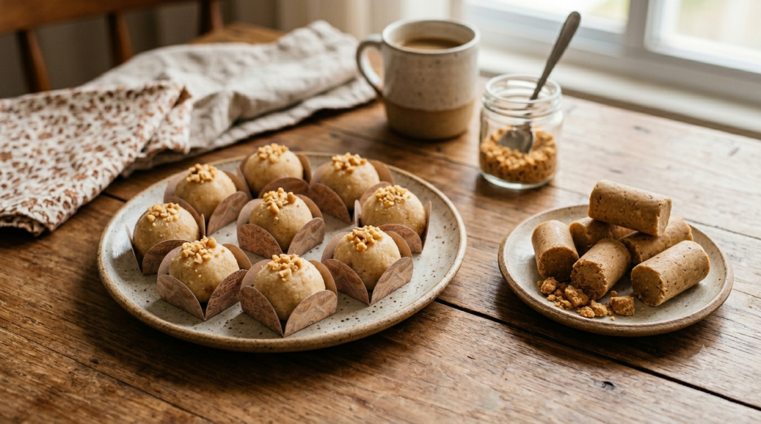 Mesa com brigadeiros em forminhas num prato e outro prato menor com paçocas