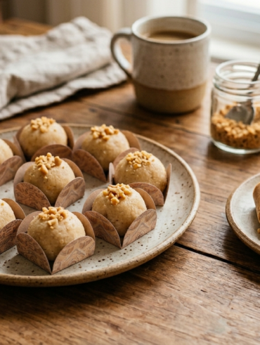 Mesa com brigadeiros em forminhas num prato e outro prato menor com paçocas