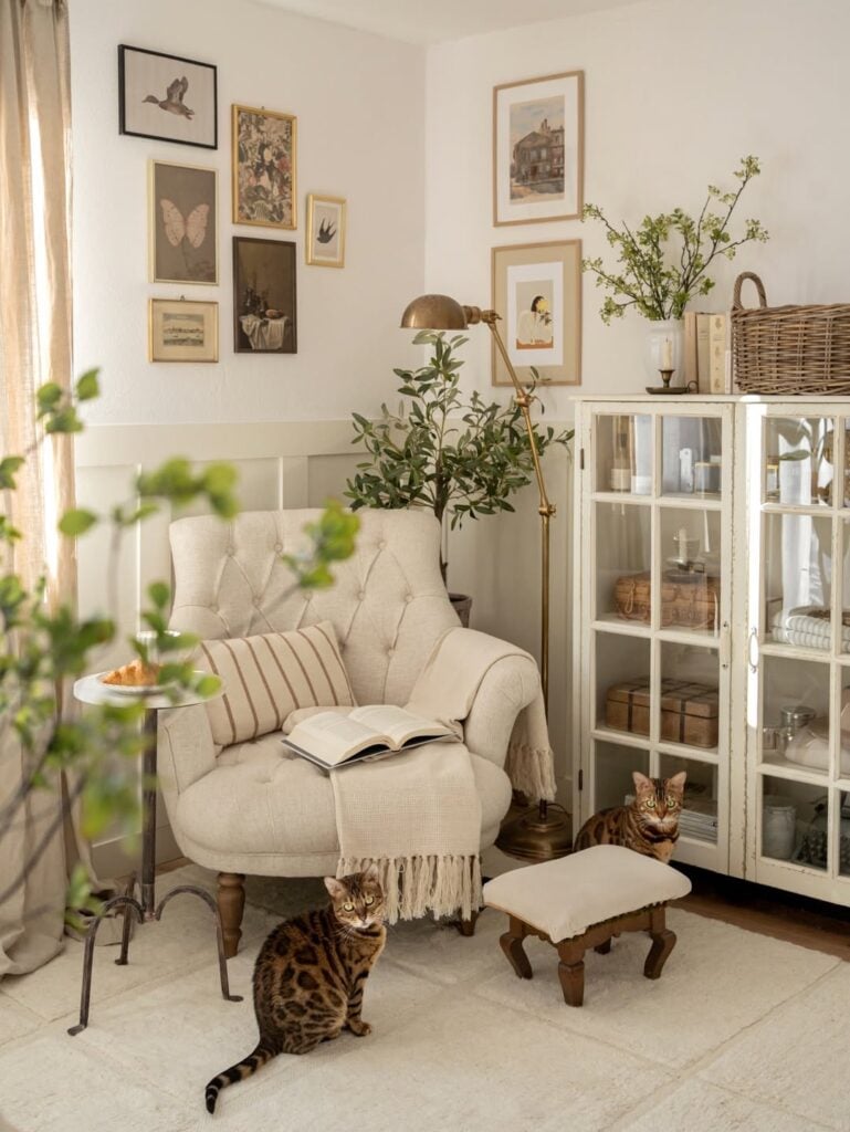 Ambiente branco e tons neutros, poltrona em capitonê com almofada, manta e livro, e dois gatos na imagem