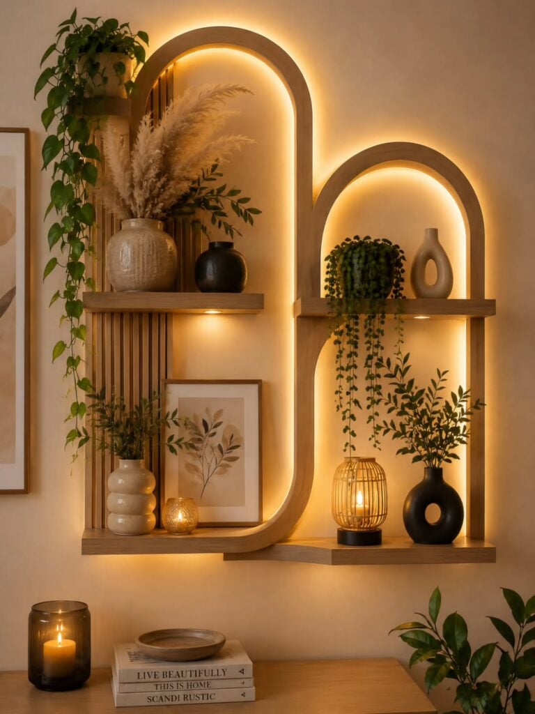 Estante de madeira com design curvo, vasos com plantas e velas