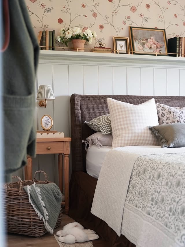 Quarto com lambri branco atrás da cama, papel de parede floral, mesa de cabeceira de madeira e cesto de vime