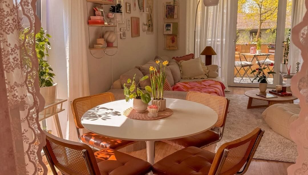Sala de jantar e estar integradas com cortina de renda rosa, mesa redonda branca e cadeiras com assentos caramelos