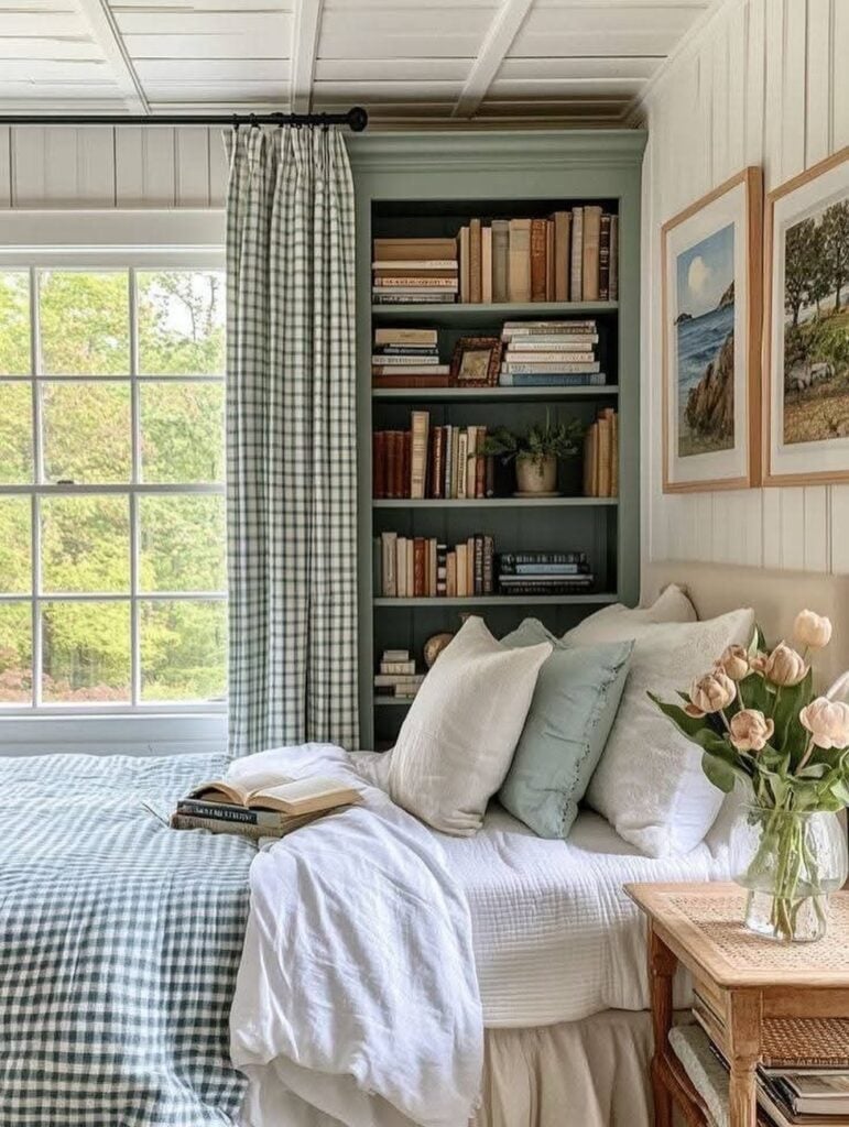 Quarto com mesa de cabeceira de madeira, vaso de flores, estante verde com livros e cortina xadrez