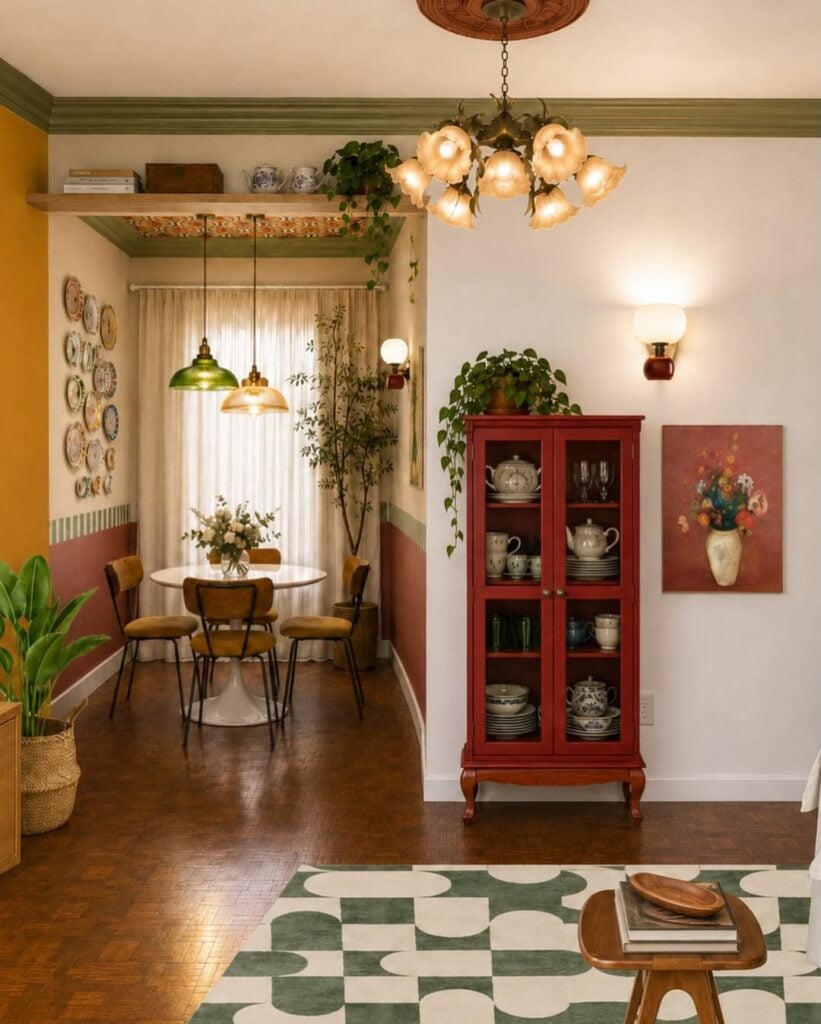 Ambiente com cristaleira vermelha com loucas, tapete em verde e branco, lustre sala de jantar próxima